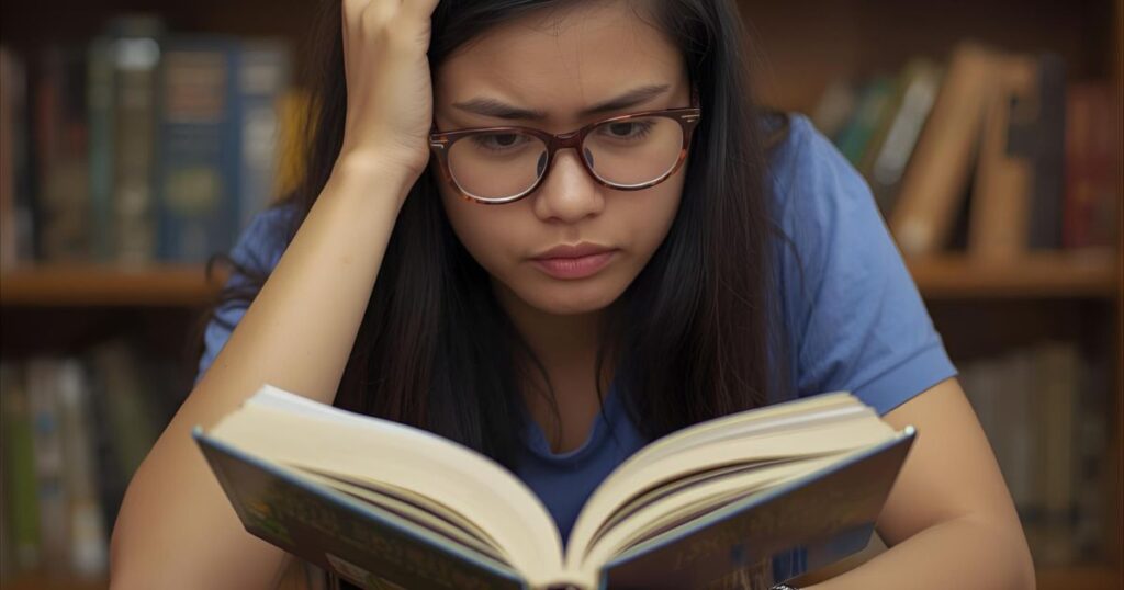 Illustration or photo of a student reading a book but looking confused or lost.